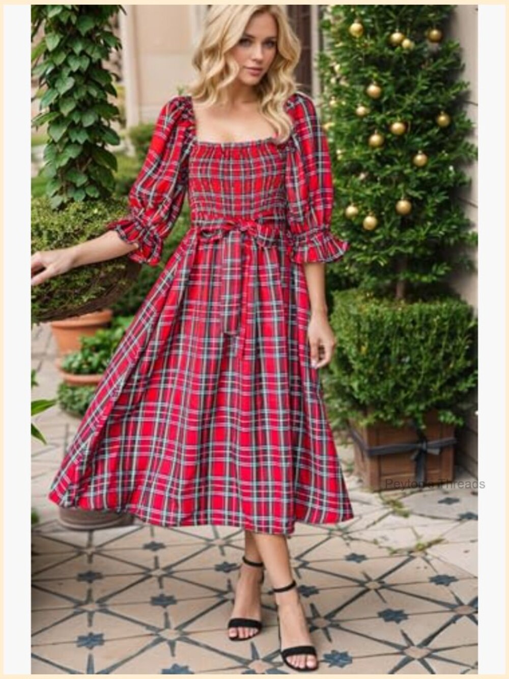 Womens Casual Tartan Plaid Square Neck Puff Sleeve Knot Waist Midi Dress - Picture 5 of 5
